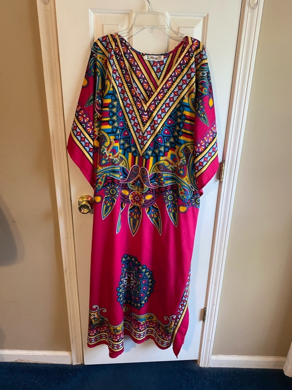 Lapogee One Size Fits All Vibrant Pink Tribal Blue Printed Maxi Kaftan Dress